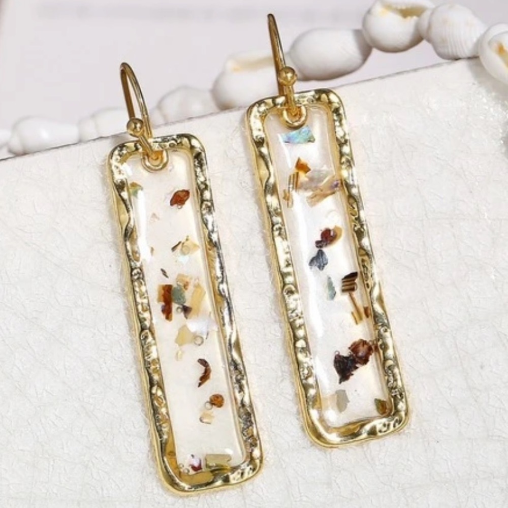 Gold Rectangle Glitter Speckle Clear Drop Earrings - Picture 1 of 4